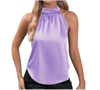 Top da donna in raso, casual, senza maniche, con scollo a chiave e colletto alto, camicetta sexy estiva con silhouette curva, Viola chiaro, L