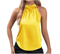 Top da donna in raso, casual, senza maniche, con scollo a chiave e colletto alto, camicetta sexy estiva con silhouette curva, giallo., M