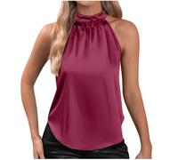 Top da donna in raso, casual, senza maniche, con scollo a chiave e colletto alto, camicetta sexy estiva con silhouette curva, Lilla, L