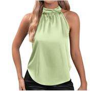 Top da donna in raso, casual, senza maniche, con scollo a chiave e colletto alto, camicetta sexy estiva con silhouette curva, Verde chiaro, S