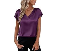 Top da Donna in Raso con Scollo A V E Maniche Corte Camicie Estive da Lavoro Camicette di Seta Eleganti Tuniche da Ufficio Henley 21 Colori S-5Xl Viola S