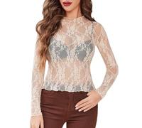 Top da donna in rete a maniche lunghe con collo a lupetto, camicetta trasparente in pizzo floreale per l'estate, Beige, M