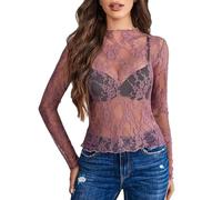 Top da donna in rete a maniche lunghe con collo a lupetto, camicetta trasparente in pizzo floreale per l'estate, Viola, S