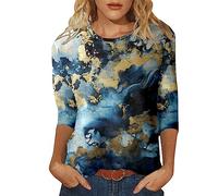 Top da donna, maniche a 3/4, estivo, slim fit, scollo rotondo, slim fit, mezza manica, maglietta primaverile, casual, in cotone, per festa della mamma, Blu, L