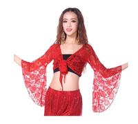 Top da donna per danza del ventre, top avvolgente con maniche svasate a 3/4, top corto con scialle floreale fasciato con nodo per abbigliamento da ballo, top corto con farfalle in pizzo per danza