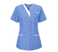 Top da donna per la cura delle donne, con scollo a V, elegante, per l'infermieristica, con tasche, abbigliamento da lavoro, Blu, XL