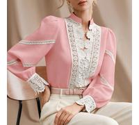 Top da donna per la primavera, outfit da lavoro, camicia rossa vintage con colletto rialzato, patchwork in pizzo idrosolubile pesante e bottoni in perla, adatta per appuntamenti, cene, top da festa, o