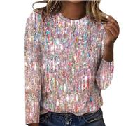 Top da donna, primavera, nuova fine stampa glitterata, taglia grande, girocollo, maniche lunghe, pigiama da donna, Colore: rosso, XL