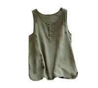 Top da donna senza maniche, in cotone e lino, camicetta estiva crop top, maglietta larga, leggera, traspirante, da donna, sportiva, casual, con bottoni, verde militare, xxl