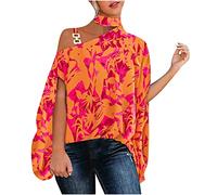 Top da donna sexy con spalline, maniche a pipistrello, maglia estiva con anelli in metallo, maglietta con scollo asimmetrico, maglietta con stampa 3D, camicetta lunga streetwear, Colore: arancione., L