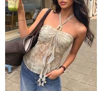 Top da donna stile vacanza estiva in spiaggia con stampa leopardata, arricciato al busto e nodo, con scollo all'americana L,M,S,XSTie Dye,PianteTessuto in tulle