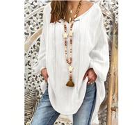 Top da donna taglie forti stile bohémien per vacanze, scollo a V ampio, texture leggera in finto lino, stile country estivo da spiaggia, bianco 1XL,2XL,3XL,4XL,5XLColore unicoTessuto intrecciato