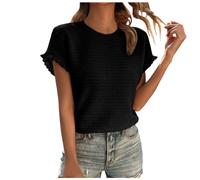 Top da donna testurizzato, estivo, alla moda, a maniche corte, elegante, casual, con scollo profondo, Nero , XL
