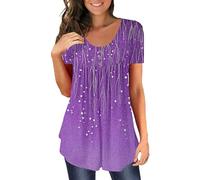 Top da donna tie-dye con scollo a V, morbide magliette a pieghe fluide tunica abbottonatura casual camicette estive a maniche corte, 1d-viola, XXL