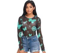 Top da donna trasparente, Live Laugh Love dente di leone blu farfalla, maglia a maniche lunghe trasparente camicie S, Live Laugh Love Dente di leone Farfalla Blu, S
