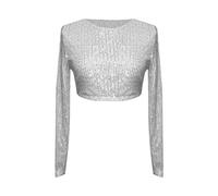 Top da donna UnoSheng blu con paillettes, maglione scintillante per feste e club, a maniche lunghe con scollo rotondo, sexy, top sottile, taglie forti, S