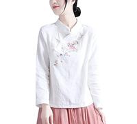 Top da donna vintage con ricamo floreale, materiale in cotone e lino, bottone a rana cinese, manica a 3/4, vestibilità larga, camicetta casual, 1h-bianco, L