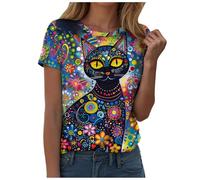 Top da donna vintage con stampa di gatto dipinto a olio e scollo rotondo a maniche corte, Azzurro, XXL