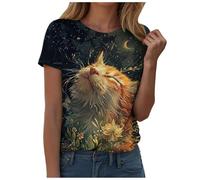 Top da donna vintage con stampa di gatto dipinto a olio e scollo rotondo a maniche corte, Oro, XXL