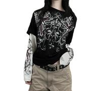 Top da donna vintage gotico con stampa Hawk maglietta a due pezzi per ragazze adolescenti abbigliamento emo Y2K E-Girls t-shirt alternativa, Nero , S