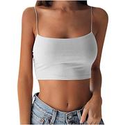 Top da donna Y2K - Canotta da donna in cotone con spalline sottili e reggiseno integrato, canottiera casual corta, canottiere sottile estive, top a U in tinta unita, top slim fit, 5XL, bianco, XS