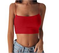 Top da donna Y2K - Canotta da donna in cotone con spalline sottili e reggiseno integrato, canottiera casual corta, canottiere sottile estive, top a U in tinta unita, top slim fit, 5XL, rosso, M