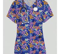 Top da infermiera da donna con stampa floreale blu navy, moda primavera/estate, scollo a V, maniche corte, design con doppie tasche e spacchi laterali, abbigliamento da lavoro, top da scrub carino da 