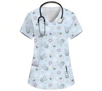 Top da lavoro da donna blu con scollo a V, maniche corte, doppia tasca e stampa carina di coniglietti cartoni animati, uniforme da infermiera e medico, uniforme chirurgica per controllo sanitario, uni