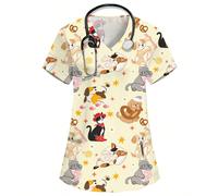 Top da lavoro da donna giallo con scollo a V, maniche corte, doppia tasca, stampa carina di cuccioli di cartone animato, uniforme da infermiera/medico, uniforme chirurgica per controllo sanitario, uni