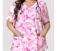 Top da scrub da donna taglie forti con stampa a nastro rosa e arcobaleno, scollo a V alla moda, maniche corte con tasche, design con asola e spacco, top uniforme sanitaria primavera/estate, adatto per