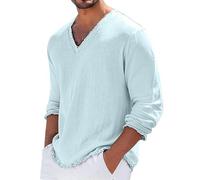 Top da uomo casual a maniche lunghe in lino casual pullover con scollo a V top maglietta lunga per uso quotidiano atletico corsa traspirante comfort t-shirt tinta unita per uomo adulto, Azzurro, M