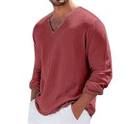Top da uomo casual a maniche lunghe in lino casual pullover con scollo a V top maglietta lunga per uso quotidiano atletico corsa traspirante comfort t-shirt tinta unita per uomo adulto, vino, S
