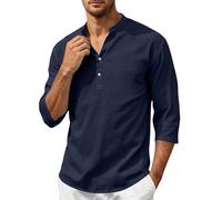 Top da uomo con collo Henley in lino e cotone a maniche a 3/4 mezza abbottonatura T-shirt casual vestibilità ampia traspirante leggera per uso quotidiano all'aperto magliette eleganti casual da