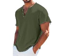 Top da uomo in lino con collo Henley a maniche corte con mezze bottoni frontali casual con bordo sfilacciato vestibilità ampia camicie testurizzate traspiranti tinta unita comode magliette estive