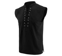 Top da uomo in lino, gilet vintage con lacci, gilet medievale, in cotone e lino, per il tempo libero, Henley Shirt da uomo, top rinascimentale, steampunk pirata, costume Viking, Nero , L
