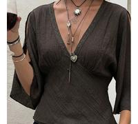 Top da vacanza bohémien con scollo a V, vita stretta, ricamato, maniche divise, comodo e delicato sulla pelle per donne L,M,S,XSColore unicoTessuto intrecciato