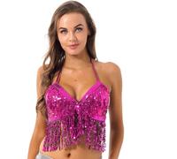 Top Danzatrice del Ventre Costume da Danza del Ventre Donna, Reggiseno, Top con Paillettes, Nappe, Scollo all'Americana e Allacciatura sul Retro, Costume Club Latino for Feste(Pink)