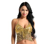 Top Danzatrice del Ventre Costume da Danza del Ventre Donna, Reggiseno, Top con Paillettes, Nappe, Scollo all'Americana e Allacciatura sul Retro, Costume Club Latino for Feste(Gold)
