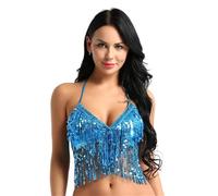 Top Danzatrice del Ventre Costume da Danza del Ventre Donna, Reggiseno, Top con Paillettes, Nappe, Scollo all'Americana e Allacciatura sul Retro, Costume Club Latino for Feste(Lake Blue)