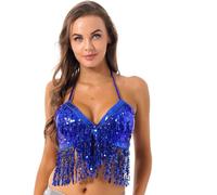 Top Danzatrice del Ventre Costume da Danza del Ventre Donna, Reggiseno, Top con Paillettes, Nappe, Scollo all'Americana e Allacciatura sul Retro, Costume Club Latino for Feste(Royal Blue)