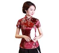 Top Donna Cinese Tradizionale Raso Camicetta Estate Camicia, Drago Rosso Vino, S