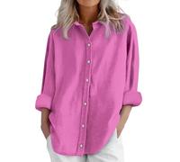 Top donna cotone lino camicia quotidiana camicette e camicette donna di grandi dimensioni camicetta 5XL camicetta tinta unita top ampia top casual abiti con bottone camicia loungewear, Rosa, 5X-Large