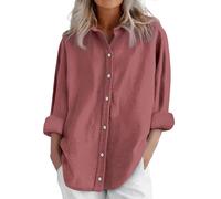 Top donna cotone lino camicia quotidiana camicette e camicette donna di grandi dimensioni camicetta 5XL camicetta tinta unita top ampia top casual abiti con bottone camicia loungewear, rosa caldo, XL