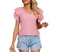 Top Donna Elegante, Camicette Estive da Donna Occhielli Maniche Corte Carine Doppio Strato Maniche Volant Stile Babydoll Scollo V Magliette Occhielli Top Casual Uscire Tutti I Giorni la Spiaggia Le