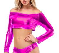 Top donna elegante ecopelle lucido wetlook spalle scoperte crop top manica lunga