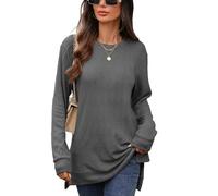 Top Donna Elegante,Maglione Lungo Girocollo Da Donna, Top, Autunno Inverno, Leggero, Maglia A Rombi, Pullover, Manica Lunga, Spacchi Laterali, Basic, Tunica, Camicette, Leggings, Grigio Scuro L