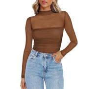 Top Donna Elegante,Top Sexy da Donna con Collo Alto a Maniche Lunghe, in Rete Trasparente, Arricciato, Tinta Unita, vestibilità Attillata, Body, per Feste e Clubwear, Marrone L