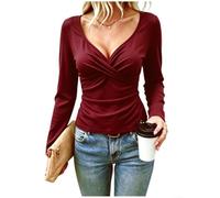 Top Donna Manica Lunga V-Croce Elegante per Slim Fit Solido Top | Design incrociato al collo, vestibilità aderente che valorizza le curve, ideale per look moderni ed eleganti(Wine M)