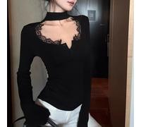 Top donna maniche lunghe mezzo collo dettaglio pizzo perfetto per ogni occasione