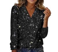 Top Donna Paillettes Scollo a V Canotta Con Paillettes Maniche Lunghe Crop Top Tinta unita Camicetta Top Sexy Vestito Festivo Gilet Elegante Y2k Abbigliamento Festa Scintillante Moda T-Shirt, Nero